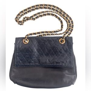Vintage Navy Blue & Black Leather Shoulder Bag with Gold Chain Strap